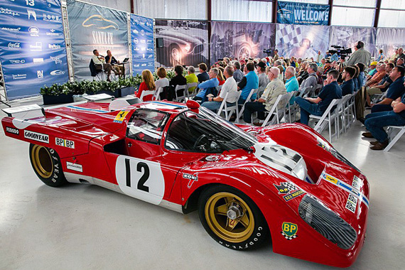 Luigi Chinetti and Michael Lynch presented a history of the Chinetti family and North American Racing Team in Hanger K at the airport on Friday afternoon. Besides the audience of 200, there were some NART cars in attendance as well. This Ferrari 512 M, chassis 1020, finished third at Le Mans, driven by Sam Posey and Tony Adamowicz. The car was later driven to several world records at the Bonneville Salt Flats by Luigi Chinetti, Jr., Paul Newman, Graham Hill and Milt Minter. Credit: Garret Vreeland