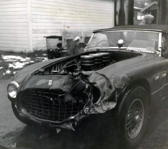 And the fender damage. Still, at only $1800, it was a deal, even in 1961. The Ferrari is 0336MM, now owned by Rob Walton.
